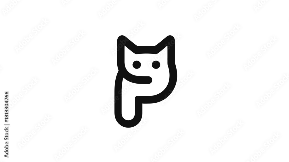 Obraz premium Minimalist black line art icon of a stylized cat's head seamlessly integrated with the letter P, creative animal alphabet symbol.