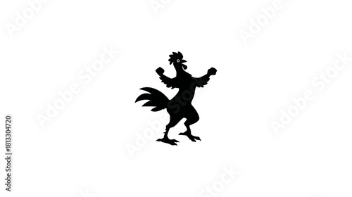Dynamic cartoon rooster black silhouette with wings raised, standing on hind legs, isolated on clean white background