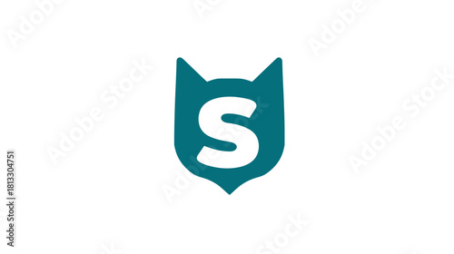 Minimalist teal shield emblem with white letter S, subtle animal ear design, concept for security, protection, or identity on white