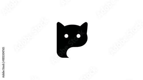 Sleek minimalist black cat head silhouette icon with bright white eyes on a clean white background. Modern graphic design element, animal vector.