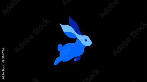 Abstract blue rabbit illustration running on black background, minimalist digital art of a leaping bunny, modern animal graphic