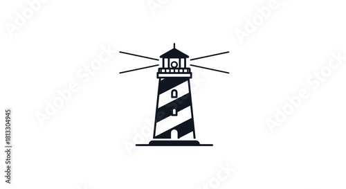 Minimalist black and white lighthouse icon with striped tower and shining light beams representing maritime safety and guidance.