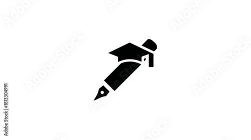 Black silhouette icon of a fountain pen with a graduation cap, symbolizing education, academic success, writing, and learning.