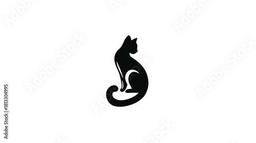 Elegant Black Cat Silhouette Sitting with Curled Tail, Minimalist Graphic Design Element for Pet-Related Projects