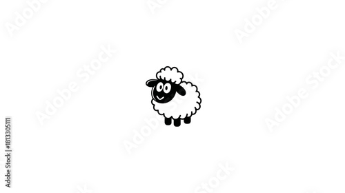 Adorable fluffy cartoon sheep character with a happy smiling face, rendered in a simple black and white line art style illustration, isolated.