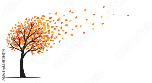 Vector illustration of an autumn tree with orange and yellow leaves blowing off in the wind symbolizing seasonal change and nature.