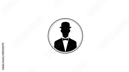 Elegant gentleman silhouette icon in a bowler hat and bow tie, vintage style avatar for user profile or business branding