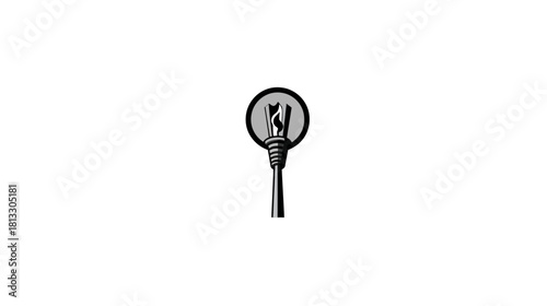 Vintage style studio microphone with a round pop filter, isolated on white. Black and white illustration for sound recording.