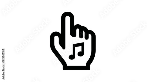 Hand cursor with musical note icon for audio selection, multimedia player control, digital sound interface concept