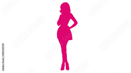 Vibrant pink silhouette of a fashionable young woman standing in a dress, posing with elegance and style.
