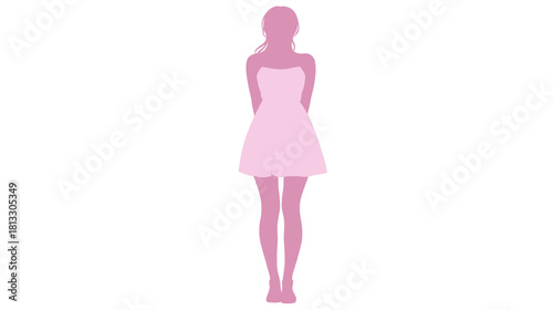 Pink female silhouette vector illustration of a full body young woman in a short dress, isolated on white background.