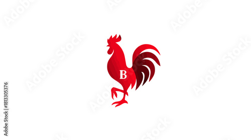 Vibrant red rooster silhouette in a dynamic, stylized pose, symbolizing strength, vitality, and farm animals.