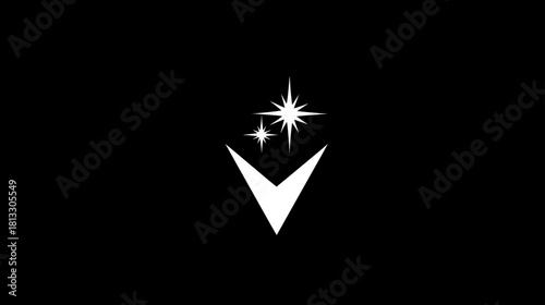 Minimalist White Abstract V Shape with Celestial Stars and Sparkles on Black Background