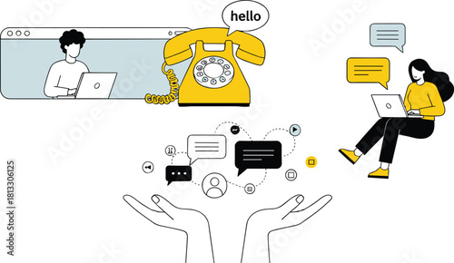 Communication and connectivity concept—vintage phone, laptops, and speech bubbles for digital interaction and support visuals