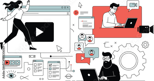 Digital content creation concept—video editing, laptops, and interaction icons for media, collaboration, and analytics visuals 