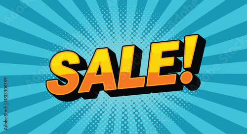 Vibrant comic book style sale banner with bold 3D text and a blue radial background with halftone dots for promotions.
