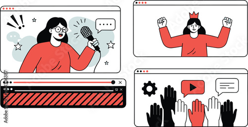 Online content creation concept—video windows, audience engagement, and celebration icons for media, communication, and creativity visuals