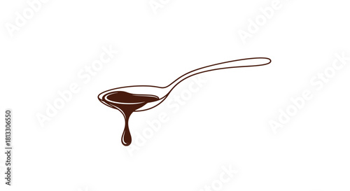 Simple line drawing of a spoon with melted chocolate or syrup dripping off the edge for a sweet dessert-themed concept.