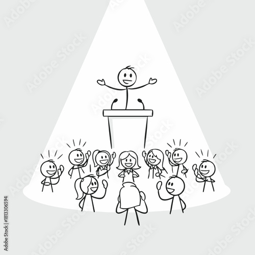 A stick figure speaker addresses a crowd, fostering engagement and delivering a presentation under a spotlight, promoting communication.