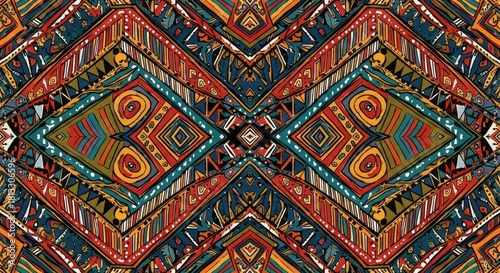 Dynamic kaleidoscopic textile design with intricate hand drawn tribal motif composition