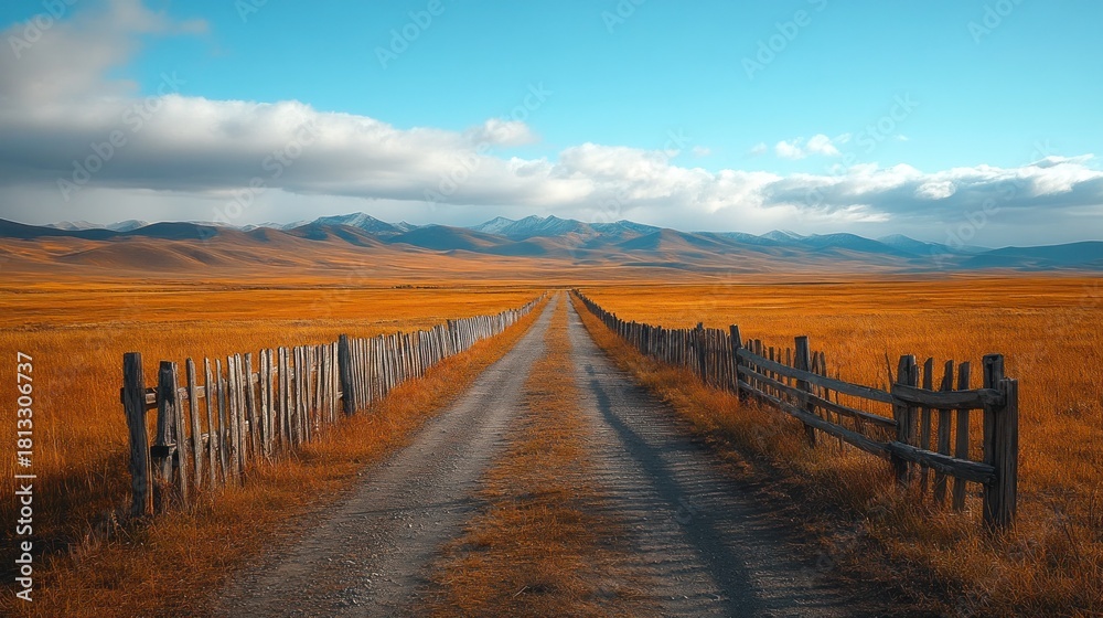 Obraz premium Golden field road, mountains beyond