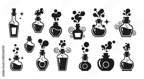 A collection of vintage potion bottles and flasks in black and white