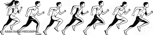 Running pose sequence—seven stylized male and female athletes in motion for sports, fitness, and anatomy visuals
