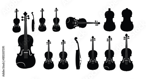 Silhouettes of various stringed instruments including violins and cellos