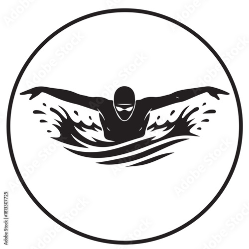 Butterfly Stroke Swimmer Silhouette Vector with Splash.
Black and white vector silhouette of a swimmer performing the butterfly stroke, arms extended, cap and goggles, water splash and waves. Ideal fo