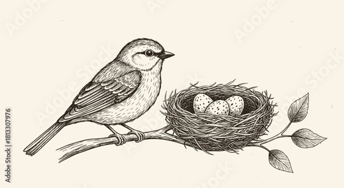 Vintage hand-drawn sketch of a small bird perched on a branch next to its nest containing three speckled eggs illustration.