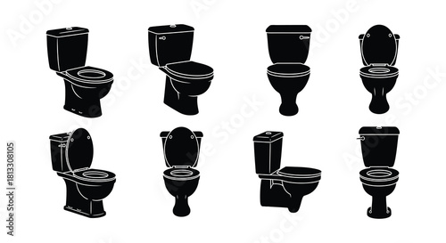 Black and white illustrations depicting a variety of toilet designs and styles