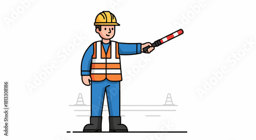 Cartoon construction worker directing traffic with baton flat vector.
