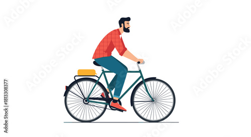 A stylish bearded man in a plaid shirt riding a classic bicycle representing a healthy and eco-friendly urban lifestyle concept.