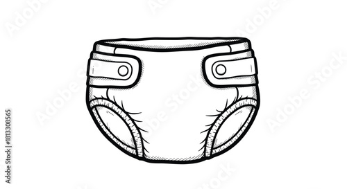 Simple hand-drawn black and white sketch of a baby diaper a basic icon for newborn and infant care-related illustrations.