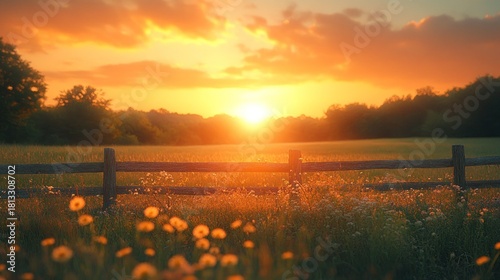 Fototapeta Naklejka Na Ścianę i Meble -  Golden sunset over a meadow with a rustic fence