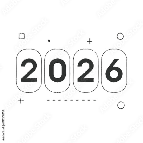 The year 2026 displayed in rounded capsules isolated on white background