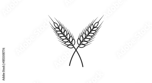Minimalist black outline icon of two crossed wheat stalks representing agriculture harvest bread and natural organic products.