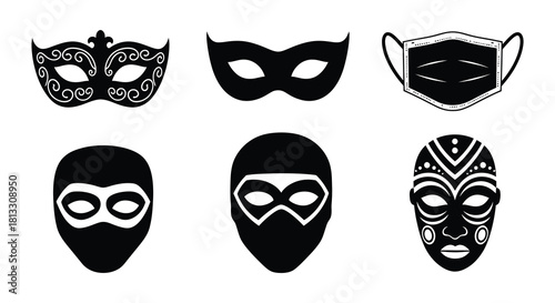 A collection of various black masks and face coverings displayed in a grid