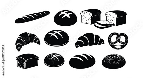 An assortment of black and white bakery items including breads and pastries