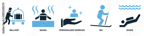 Set Resort Icon Vector Ideal for travel agencies, booking platforms, and tourism graphics requiring a collection of hospitality amenity symbols.	
