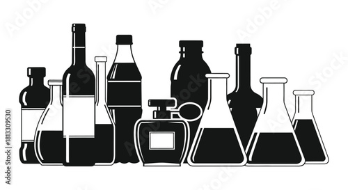 A collection of black and white silhouettes of bottles and glassware
