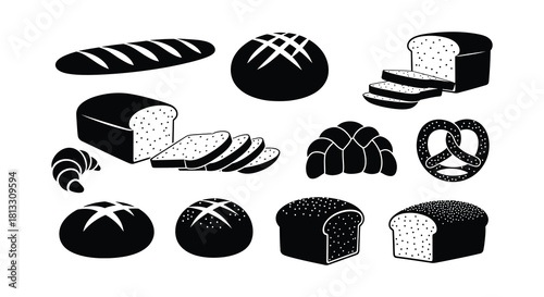 An assortment of black and white bakery items including breads and pastries
