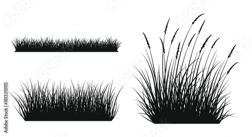 Set of three different black grass silhouettes showing various densities and heights for natural landscape and meadow designs.