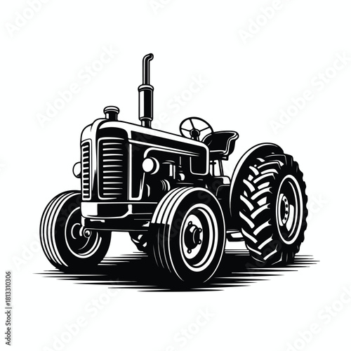 Classic Black and White Farm Tractor Silhouette Vector Illustration