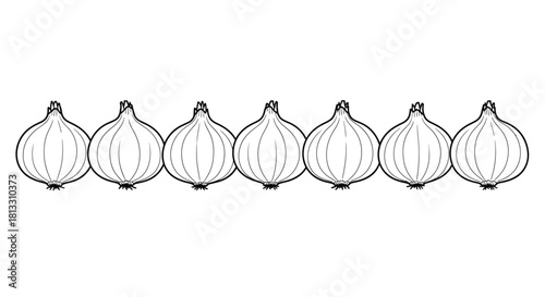 Row of onions isolated on white background, a common and flavorful ingredient