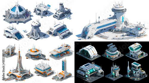 A creative collection of futuristic research bases and sci fi facilities featuring advanced towers, command centers, power units, and high tech architecture in clean modern style.