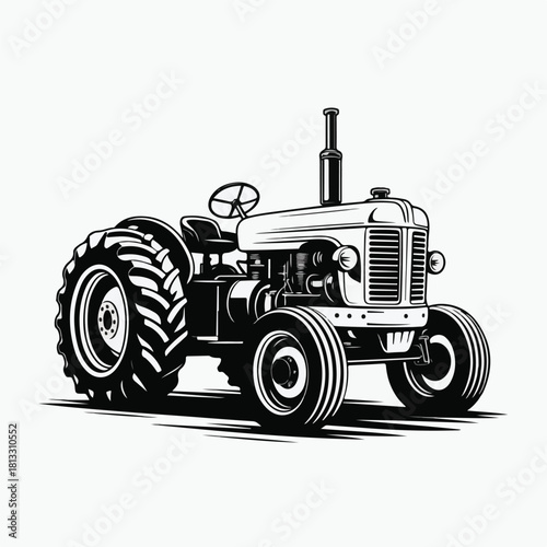 Classic Black and White Farm Tractor Silhouette Vector Illustration