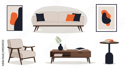 A modern set of living room furniture including a sofa armchair coffee table and abstract art for interior design concepts.