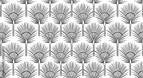 An elegant seamless pattern of black and white art deco style fan palm leaves creating a sophisticated and timeless background.