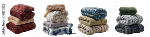 Stack of knitted blankets isolated on transparent background